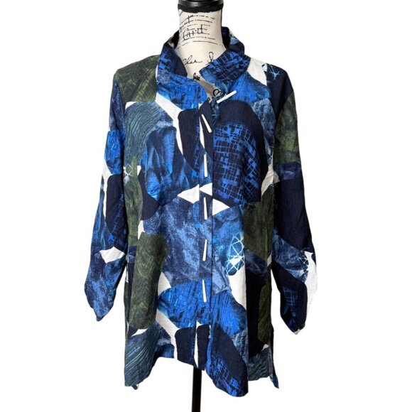 Ali Miles Womens Tunic Button-Up Top Abstract Blue White Lagenlook Size XL - Picture 1 of 8